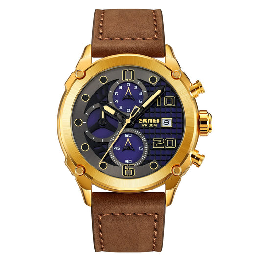 Premium Leather Chronograph Wristwatch with Textured Multi-Dial