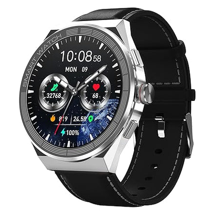 AMOLED Smart Watch for Men with Black Leather Strap and Round Dial for Casual & Formal Wear