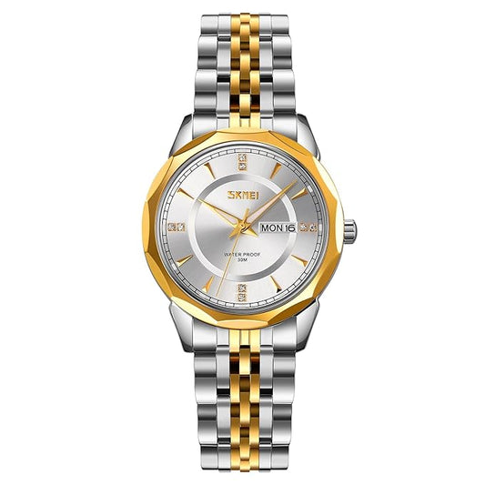 Minimalist Stainless Steel Watch with Date Week Display Simple dial Push-Button Clasp