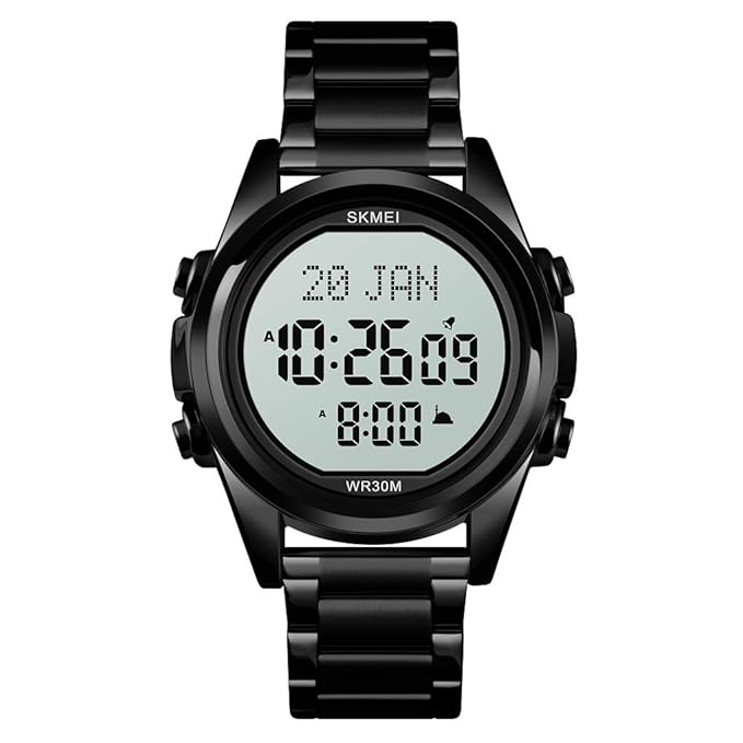 Digital Display White Dial Zinc Alloy Men's Stainless Steel Black Color Stylish Watch