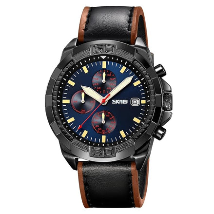 Analog Watch for Men with Black Leather Strap and Round Dial for Casual & Formal Wear