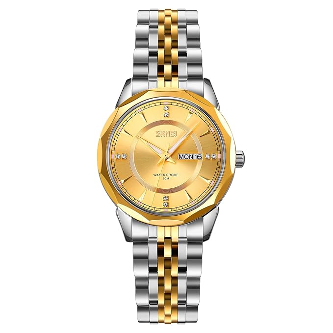 Minimalist Stainless Steel Watch with Date Week Display Simple dial Push-Button Clasp