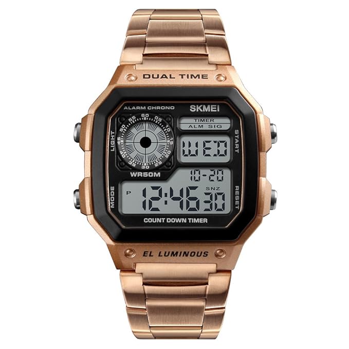 Premium Digital Watch for Men with Square Dial Dual Time Alarm Stopwatch and Metal Strap