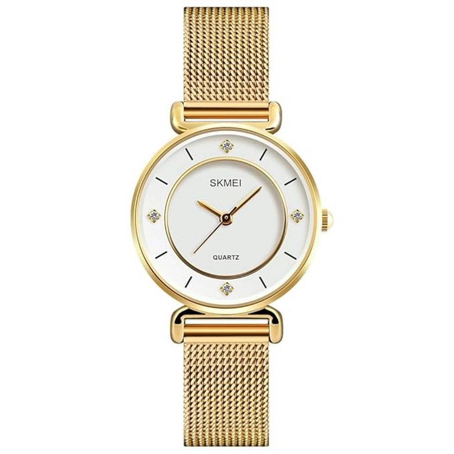 Analog Watch for Women with Gold Mesh Metal Strap and Round Dial for Casual & Formal Wear