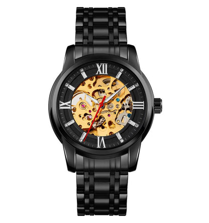 Luxury Skeleton Automatic Watch for Men Black Stainless Steel Strap, Blue Dial with Roman Numerals, Transparent Mechanical Design