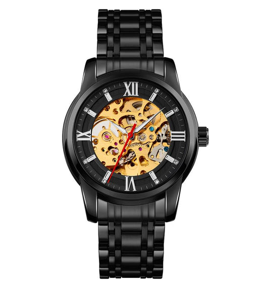 Luxury Skeleton Automatic Watch for Men Black Stainless Steel Strap, Blue Dial with Roman Numerals, Transparent Mechanical Design