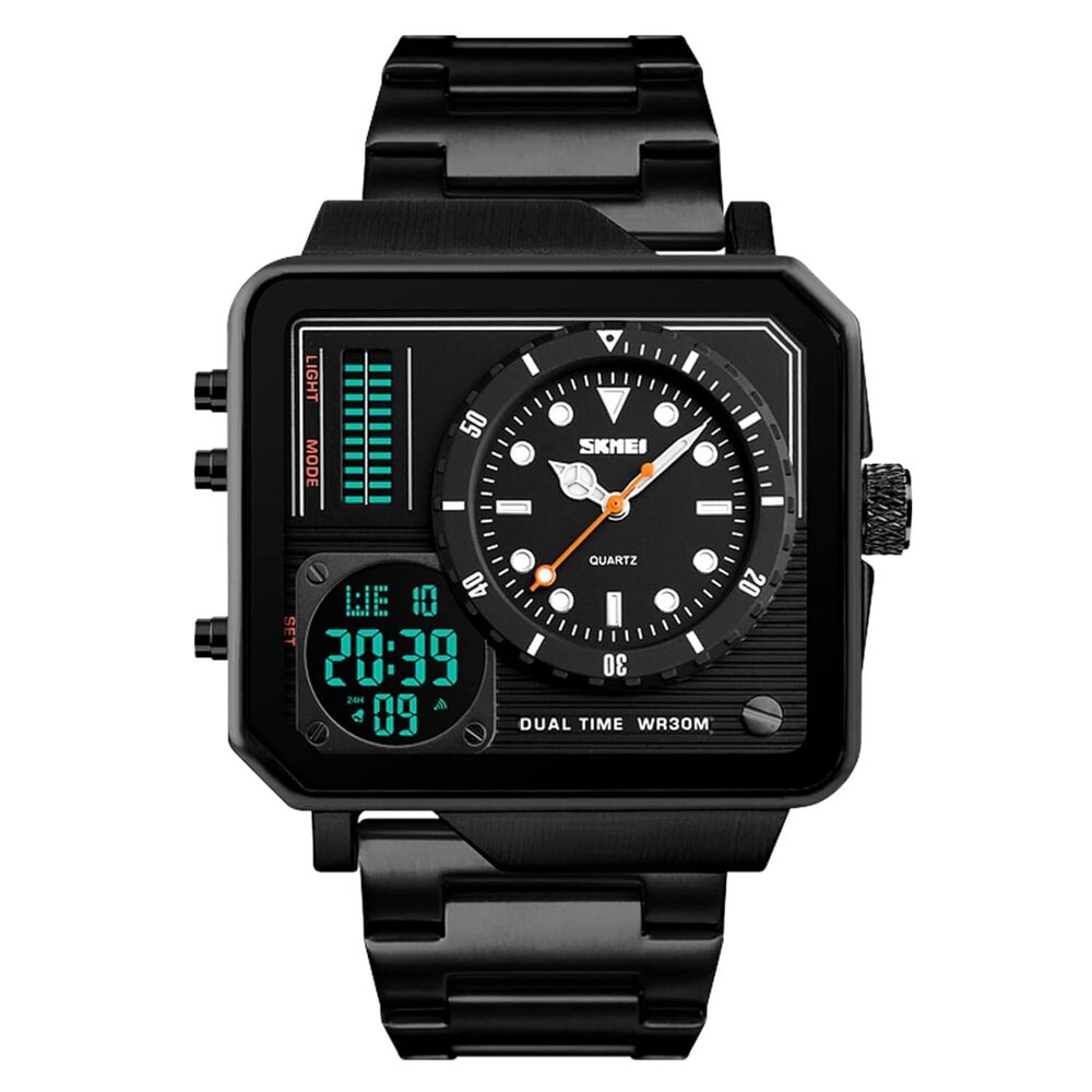 Dual Display Square Dial Wrist Watch with Metal Strap For Men