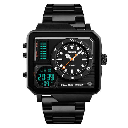 Dual Display Square Dial Wrist Watch with Metal Strap For Men