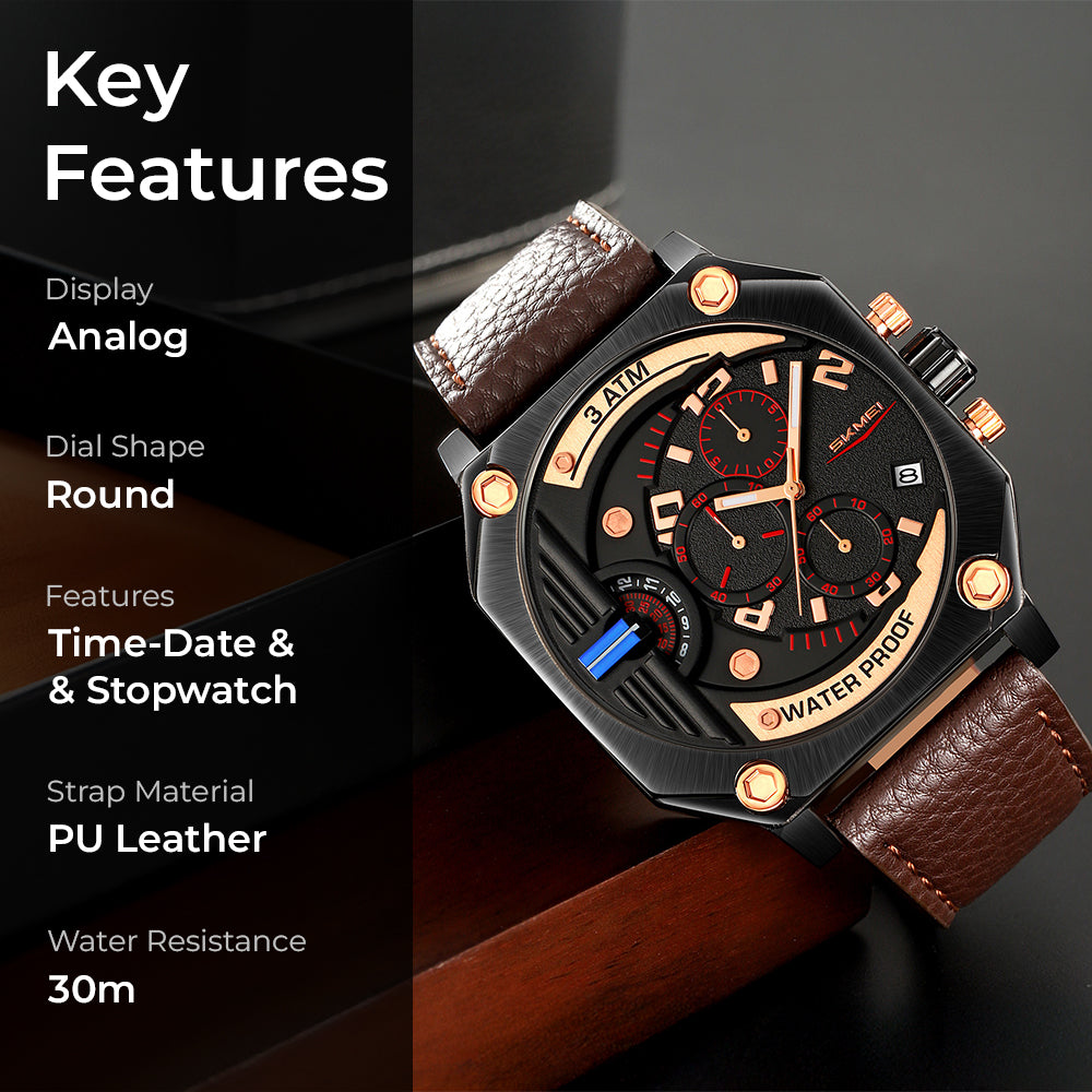 Skmei Quartz Analog Dial Leather Strap Watch for Men - 9343