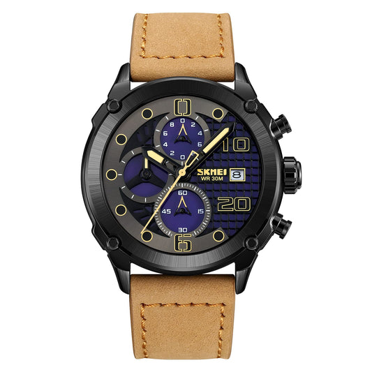 Premium Leather Chronograph Wristwatch with Textured Multi-Dial