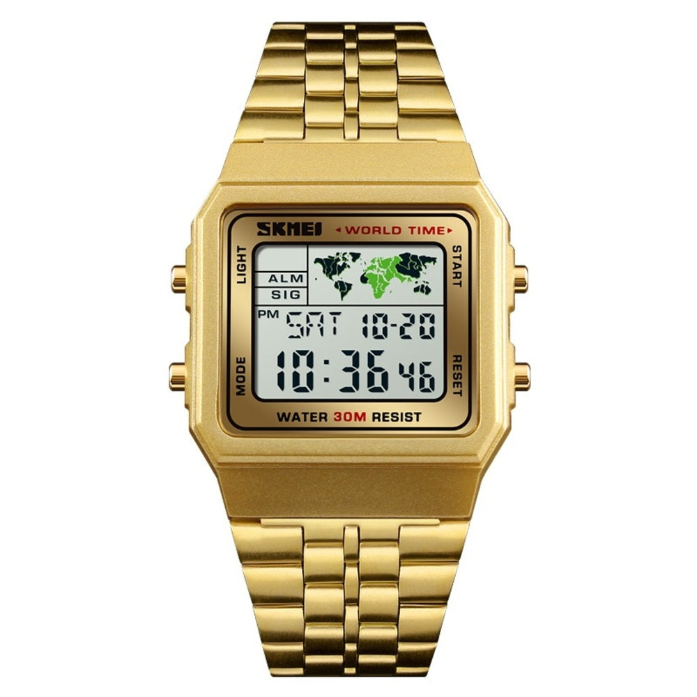 Vintage Digital Wrist Watch with Metal Strap and World Time Display For Men