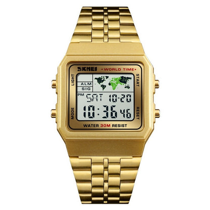 Vintage Digital Wrist Watch with Metal Strap and World Time Display For Men