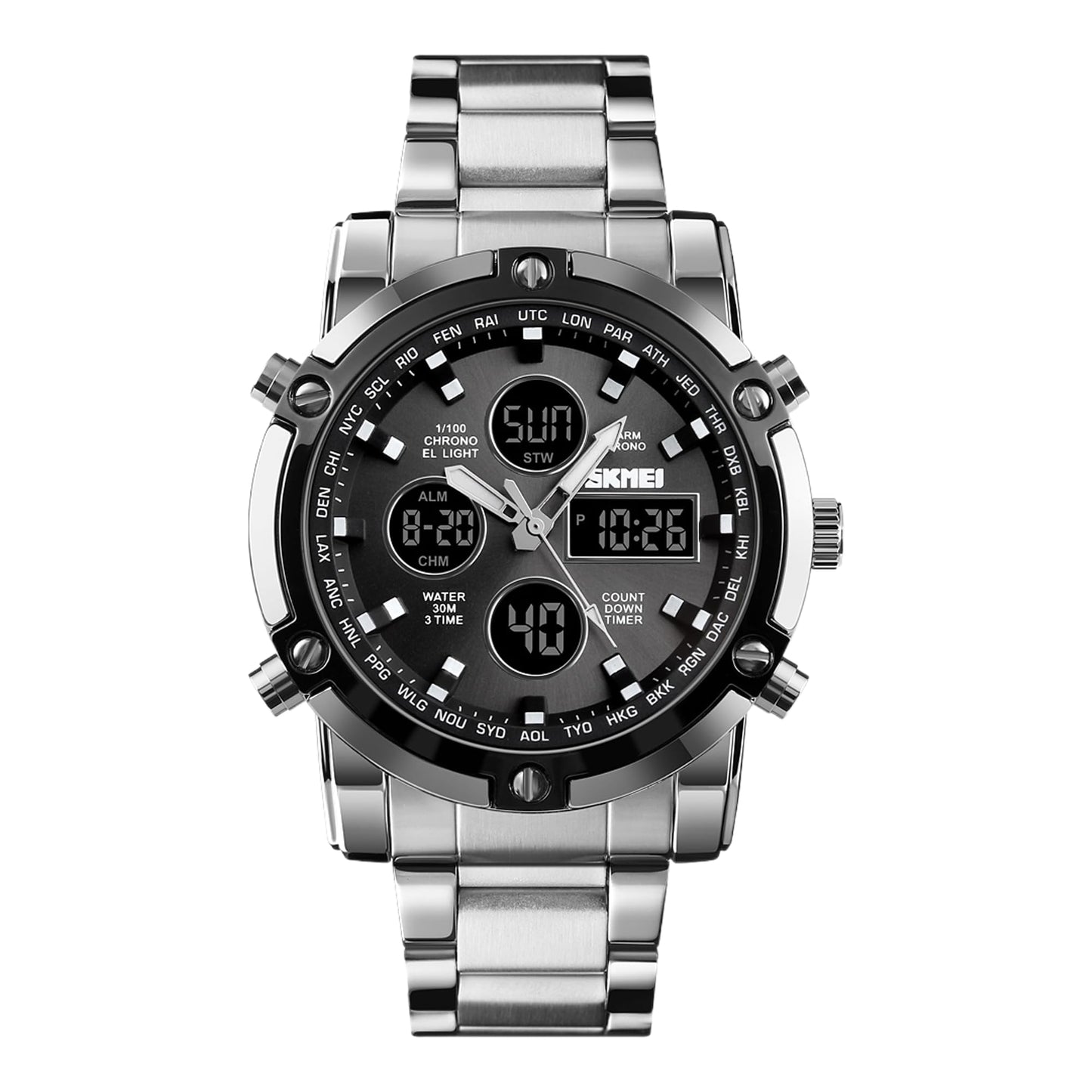 Luxury Analog Digital Stainless Steel Watch for Men with Dual Time Display and Premium Business Style