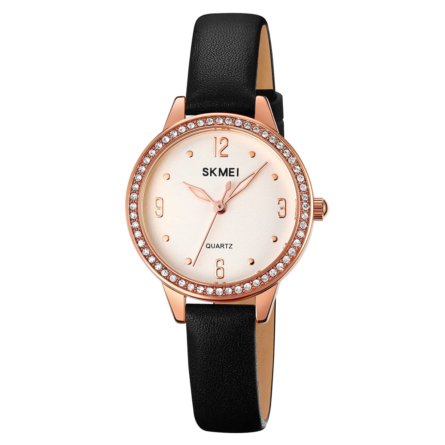 Elegant Women Wristwatch with Sparkling Rhinestone Bezel and Textured Strap