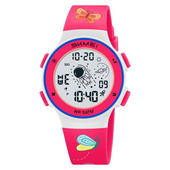 Digital Watch for Kids with Rose Red Silicone Strap and Round Dial for Casual & Formal Wear
