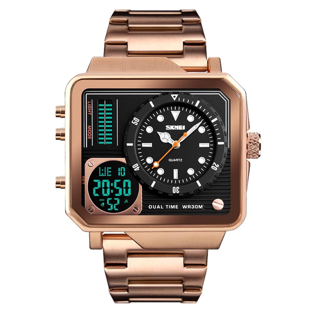 Dual Display Square Dial Wrist Watch with Metal Strap For Men