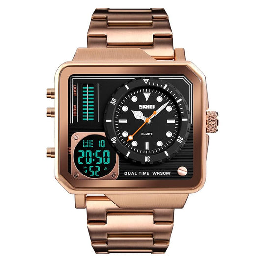 Dual Display Square Dial Wrist Watch with Metal Strap For Men