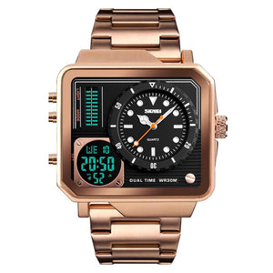 Dual Display Square Dial Wrist Watch with Metal Strap For Men