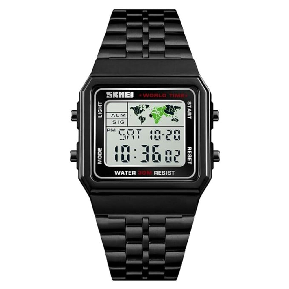 Vintage Digital Wrist Watch with Metal Strap and World Time Display For Men