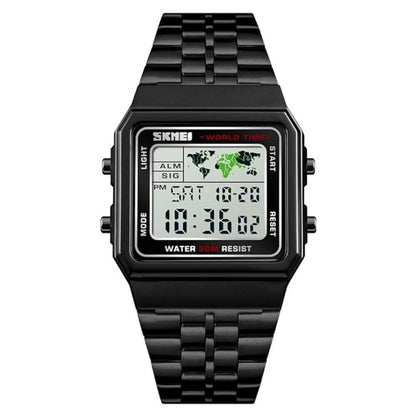 Vintage Digital Wrist Watch with Metal Strap and World Time Display For Men