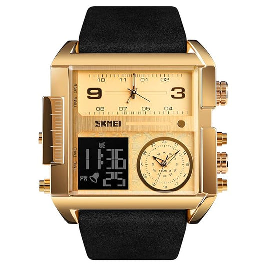 Multi Display Analog Digital Wrist Watch with Leather Strap For Men
