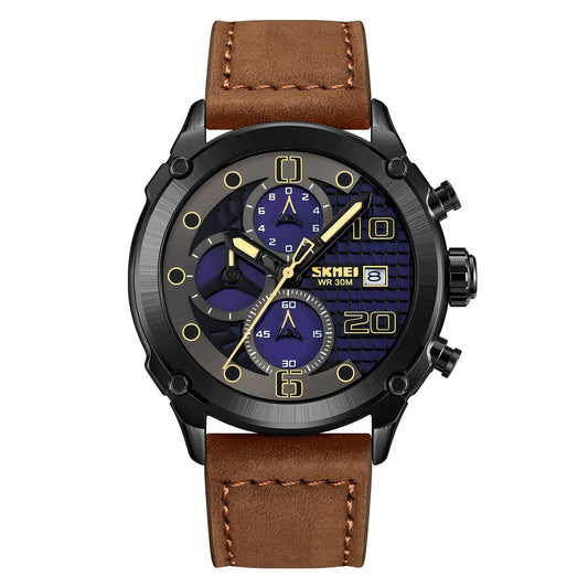 Premium Leather Chronograph Wristwatch with Textured Multi-Dial