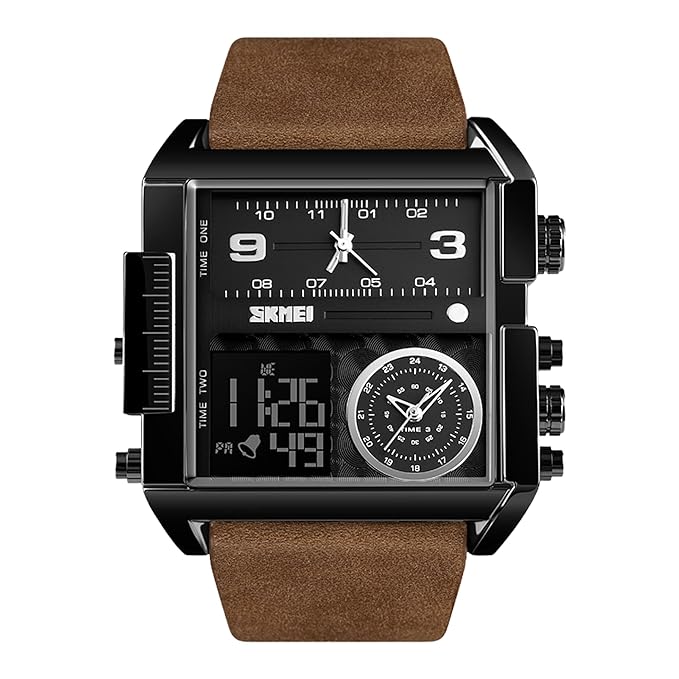 Multi Display Analog Digital Wrist Watch with Leather Strap For Men