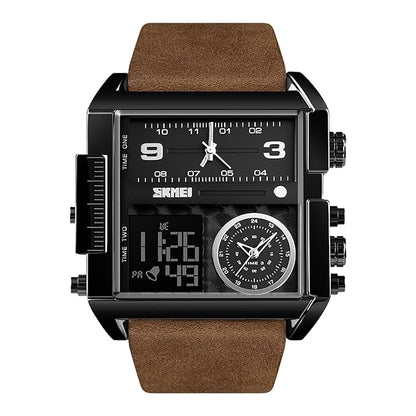 Multi Display Analog Digital Wrist Watch with Leather Strap For Men