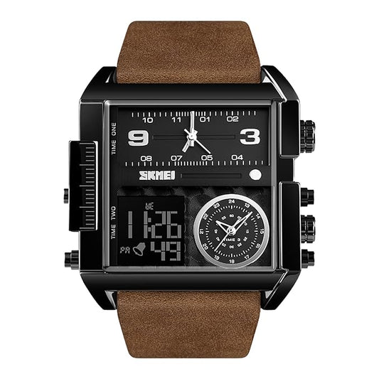 Multi Display Analog Digital Wrist Watch with Leather Strap For Men