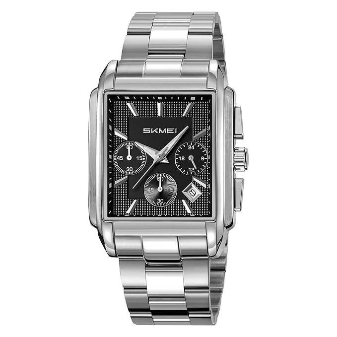 Classic Rectangular Analog Wrist Watch with Date Display and Metal Strap for men