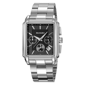 Classic Rectangular Analog Wrist Watch with Date Display and Metal Strap for men