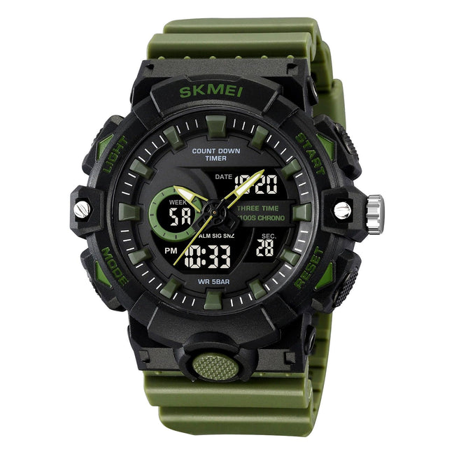 Analog-Digital Watch for Men with Army Green Silicone Strap and Round Dial for Casual & Formal Wear