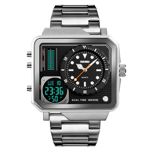 Dual Display Square Dial Wrist Watch with Metal Strap For Men