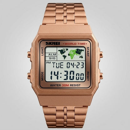 Vintage Digital Wrist Watch with Metal Strap and World Time Display For Men