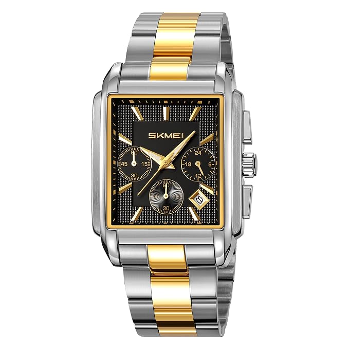 Classic Rectangular Analog Wrist Watch with Date Display and Metal Strap for men