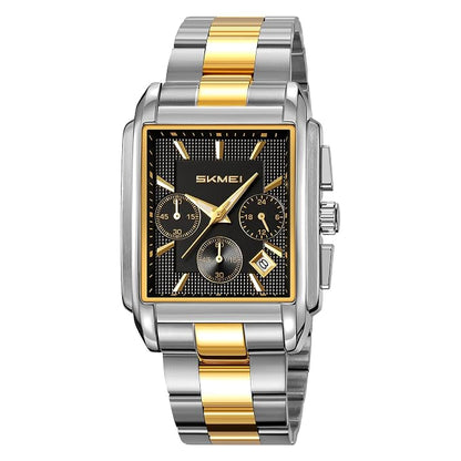 Classic Rectangular Analog Wrist Watch with Date Display and Metal Strap for men