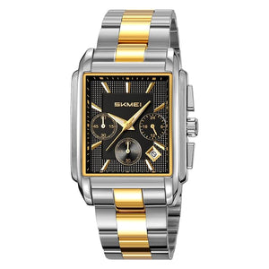 Classic Rectangular Analog Wrist Watch with Date Display and Metal Strap for men