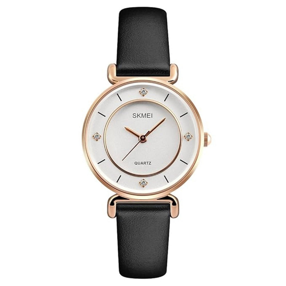 Elegant Analog Wrist Watch with Crystal Accents and Leather Strap For Women