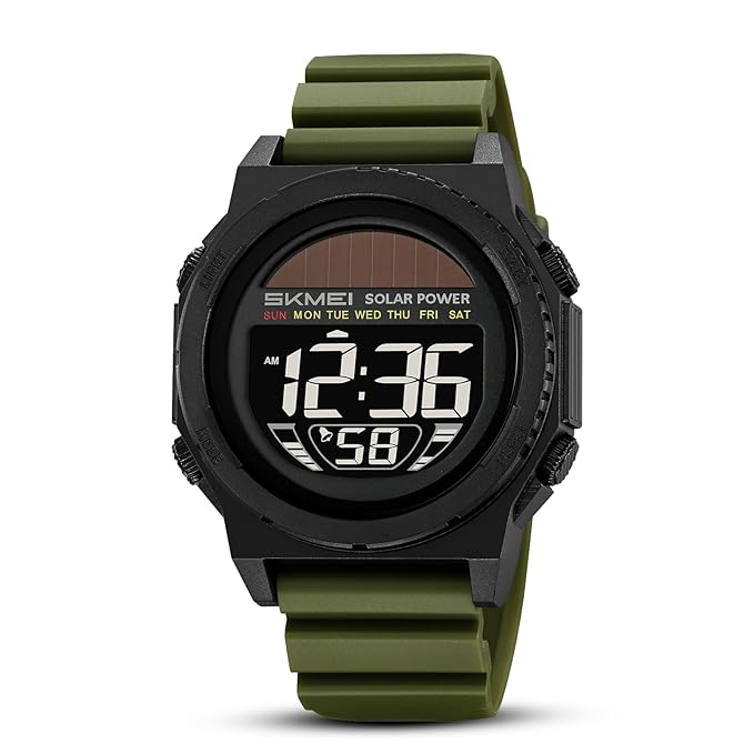 Solar Powered Digital Sports Watch with Silicone Strap for men