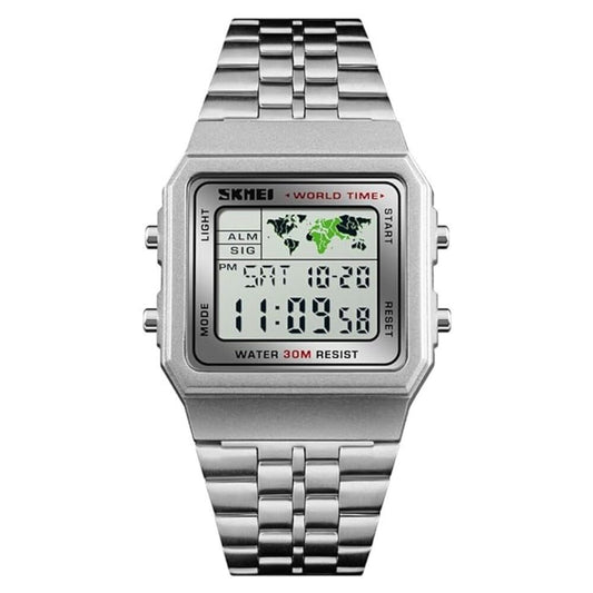 Vintage Digital Wrist Watch with Metal Strap and World Time Display For Men
