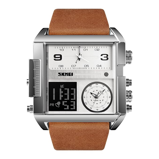 Multi Display Analog Digital Wrist Watch with Leather Strap For Men