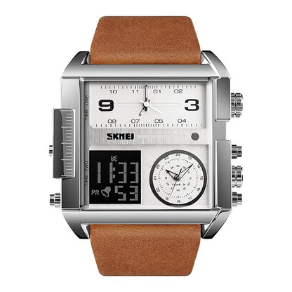 Multi Display Analog Digital Wrist Watch with Leather Strap For Men