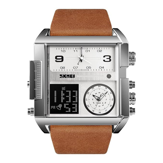Multi Display Analog Digital Wrist Watch with Leather Strap For Men