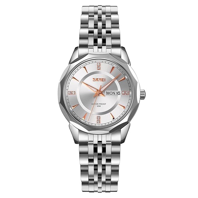 Minimalist Stainless Steel Watch with Date Week Display Simple dial Push-Button Clasp