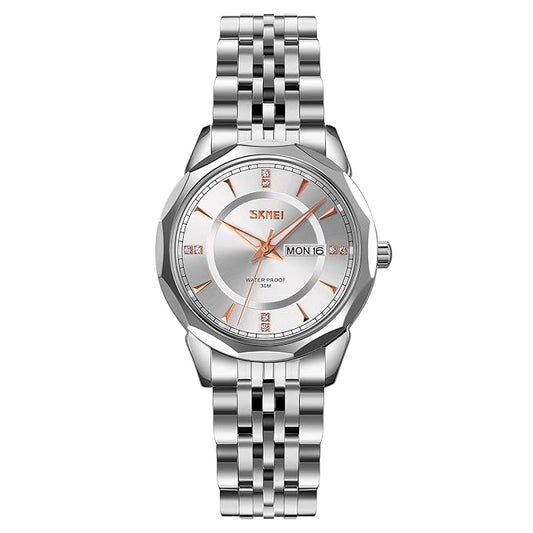 Minimalist Stainless Steel Watch with Date Week Display Simple dial Push-Button Clasp