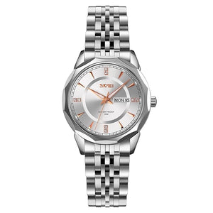 Minimalist Stainless Steel Watch with Date Week Display Simple dial Push-Button Clasp
