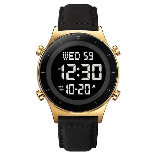 Digital Watch for Men with Black Leather Strap and Round Dial for Casual & Formal Wear