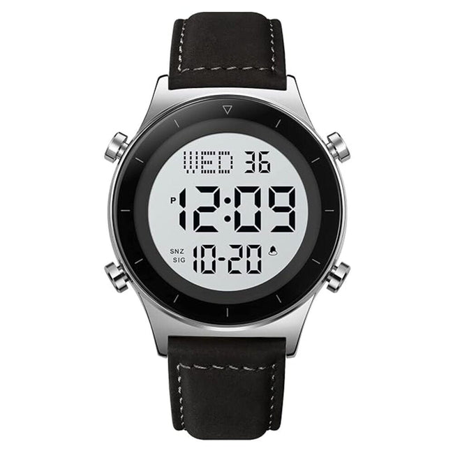 Digital Watch for Men with Black Leather Strap and Round Dial for Casual & Formal Wear