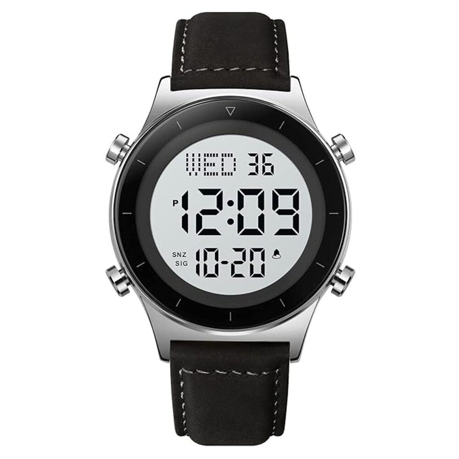 Digital Watch for Men with Black Leather Strap and Round Dial for Casual & Formal Wear