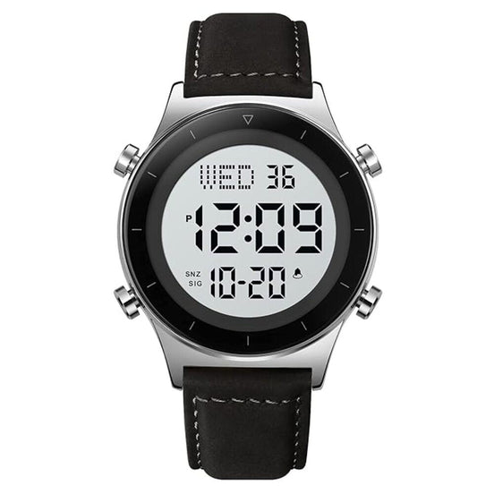 Digital Watch for Men with Black Leather Strap and Round Dial for Casual & Formal Wear